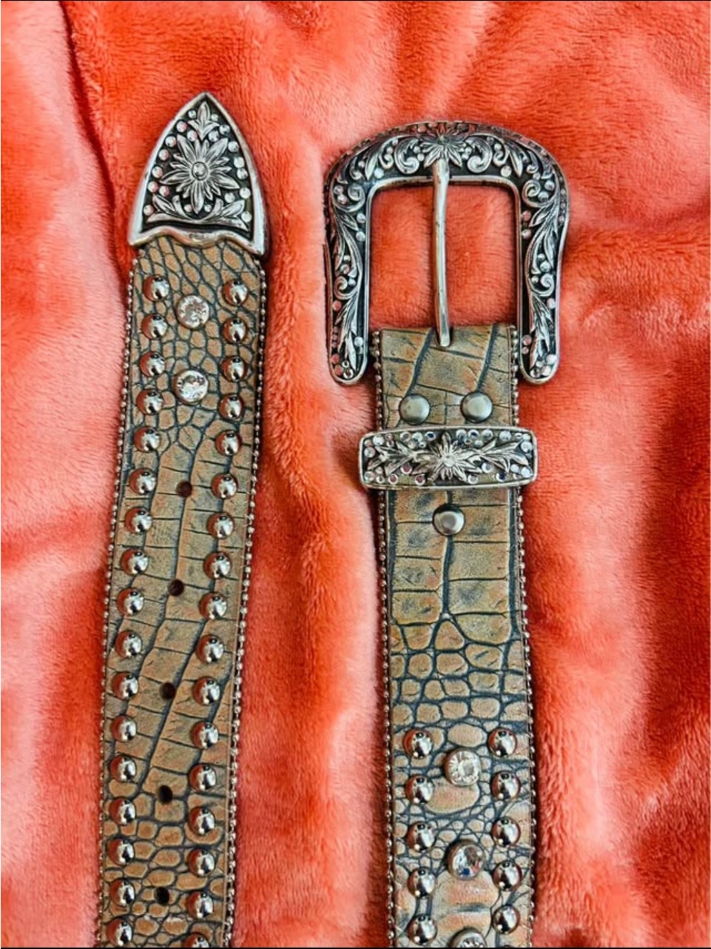 Dingo  Brown Croc-Accent Studded Leather Belt with Silver Tone